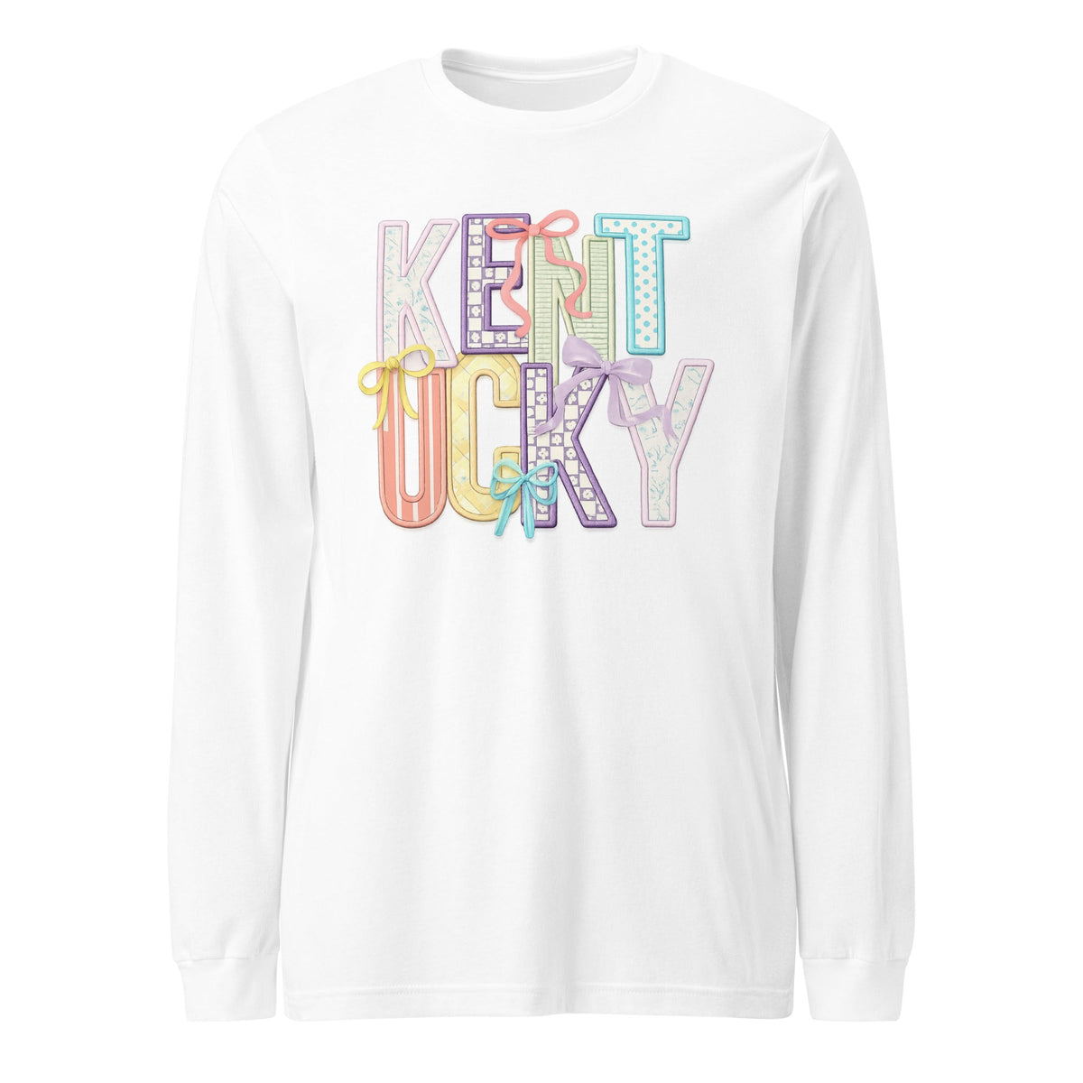 Kentucky Pastel Bow Script Long Sleeve Shirt | Patchwork Coquette Design - Bluegrass Elite Apparel LLC