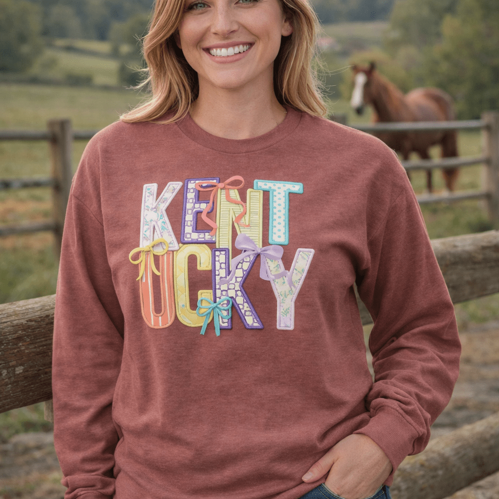 Kentucky Pastel Bow Script Long Sleeve Shirt | Patchwork Coquette Design - Bluegrass Elite Apparel LLC