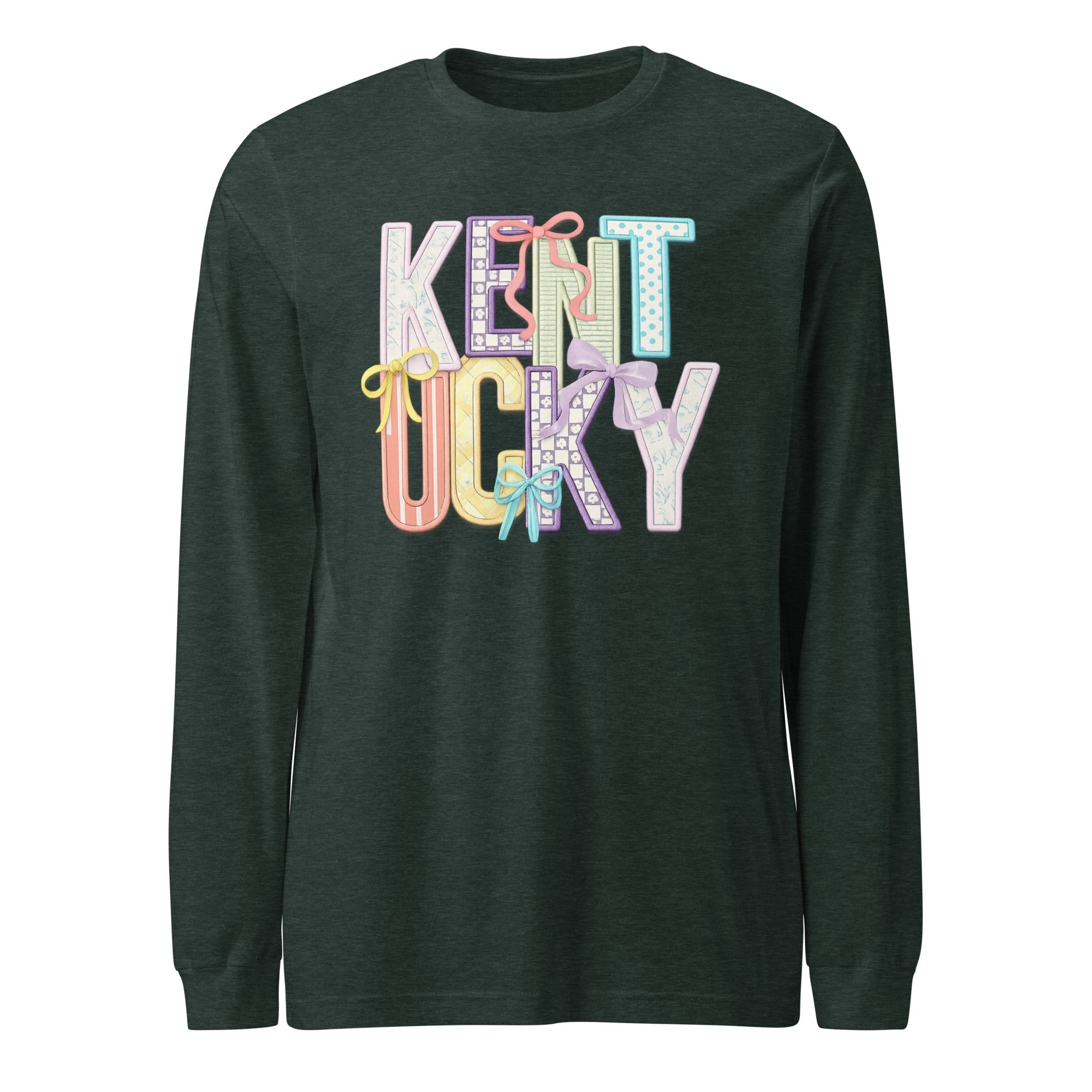 Kentucky Pastel Bow Script Long Sleeve Shirt | Patchwork Coquette Design - Bluegrass Elite Apparel LLC
