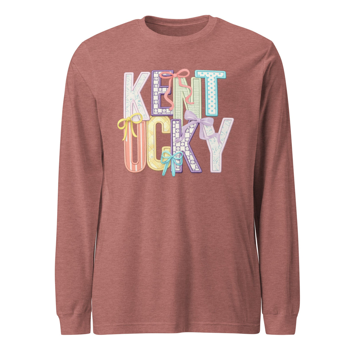 Kentucky Pastel Bow Script Long Sleeve Shirt | Patchwork Coquette Design - Bluegrass Elite Apparel LLC