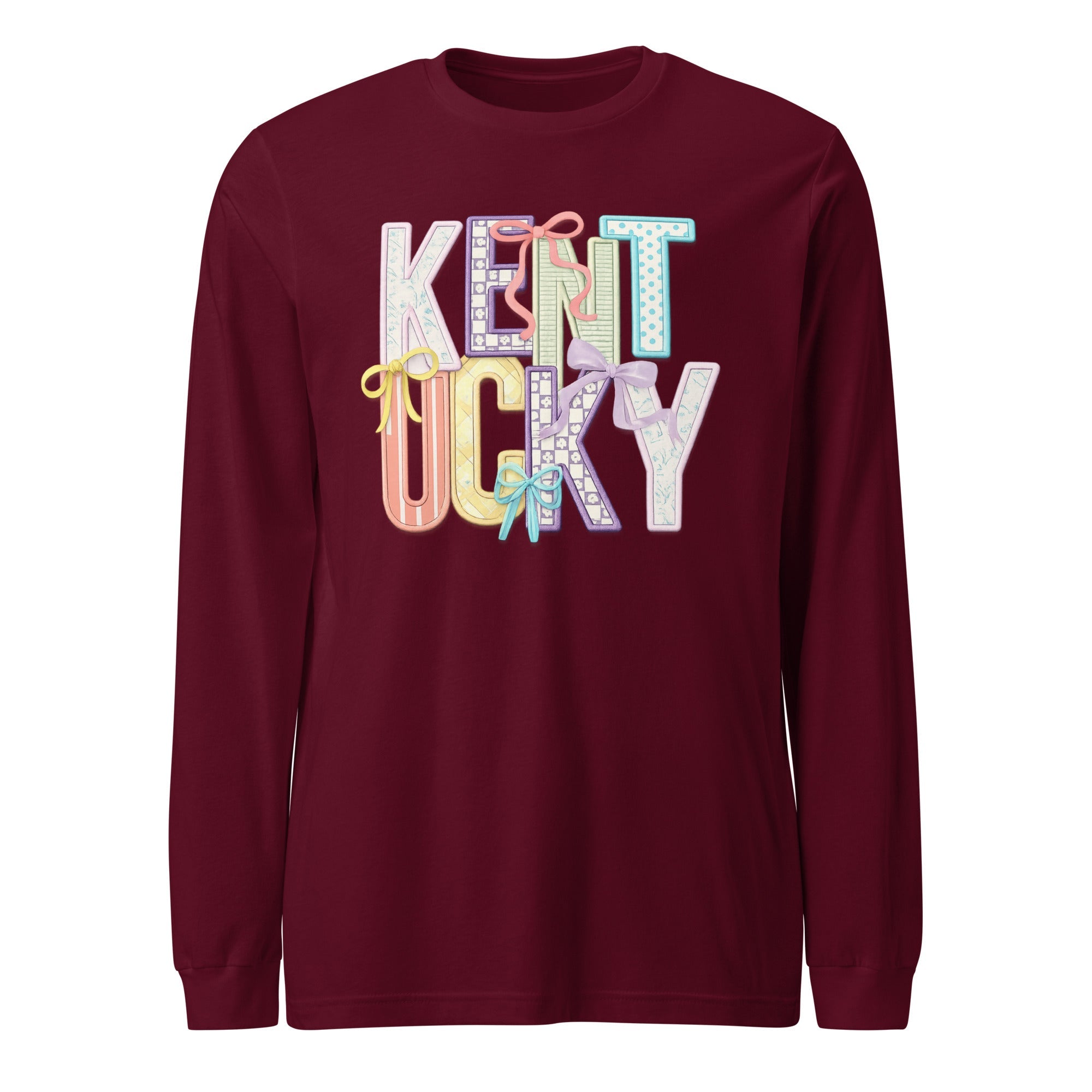 Kentucky Pastel Bow Script Long Sleeve Shirt | Patchwork Coquette Design - Bluegrass Elite Apparel LLC