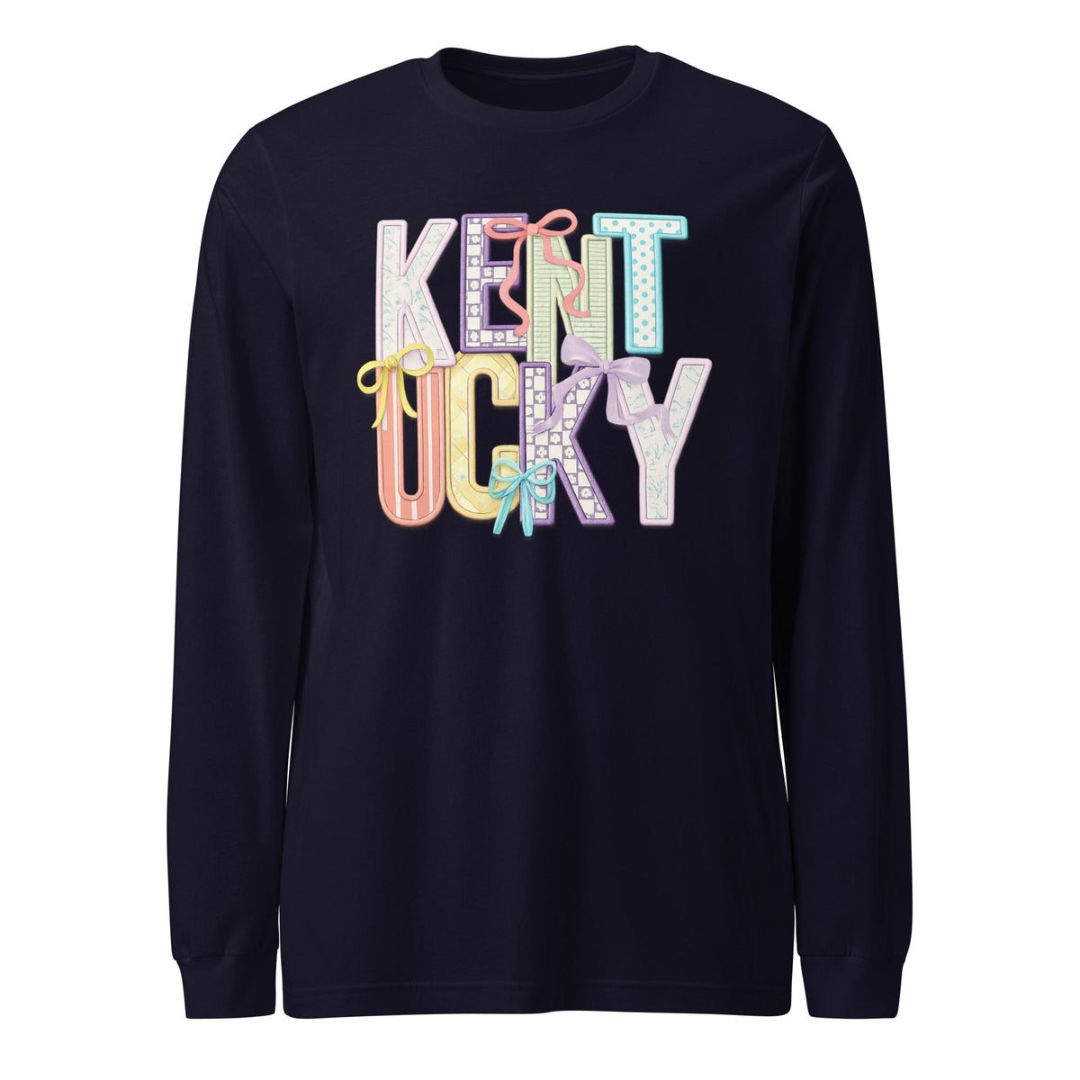 Kentucky Pastel Bow Script Long Sleeve Shirt | Patchwork Coquette Design - Bluegrass Elite Apparel LLC
