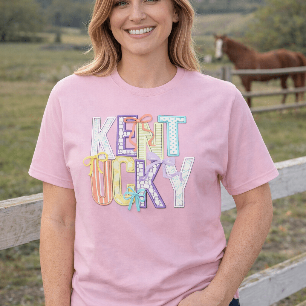 Kentucky Pastel Bow Script Tee | Patchwork Coquette Design | Classic - Bluegrass Elite Apparel LLC