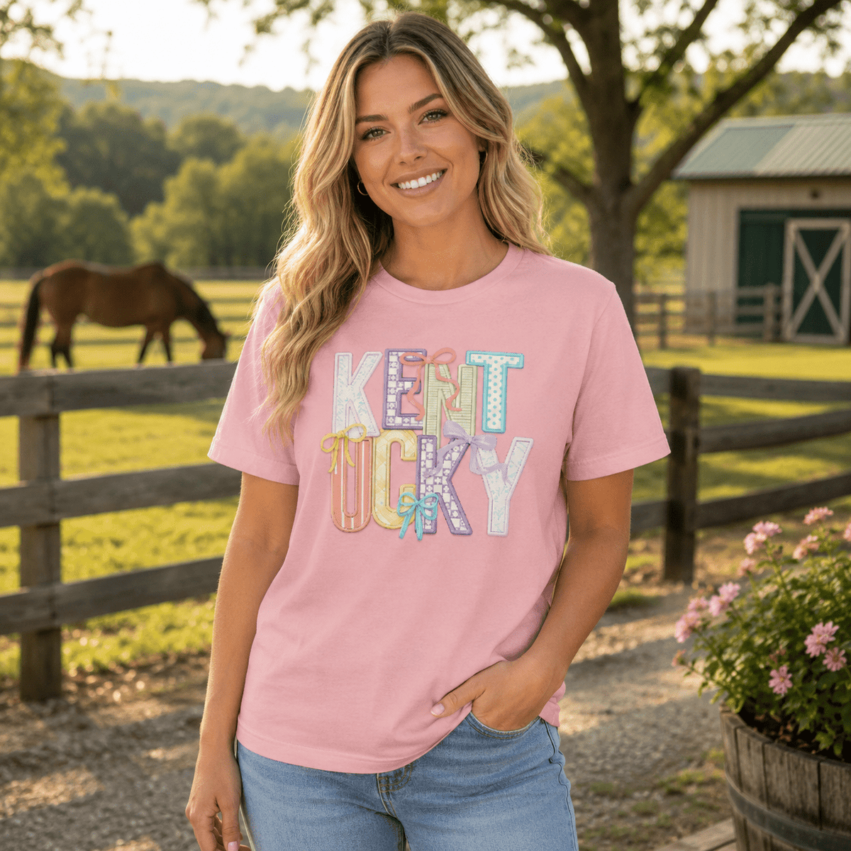 Kentucky Pastel Bow Script Tee | Patchwork Coquette Design | Classic - Bluegrass Elite Apparel LLC