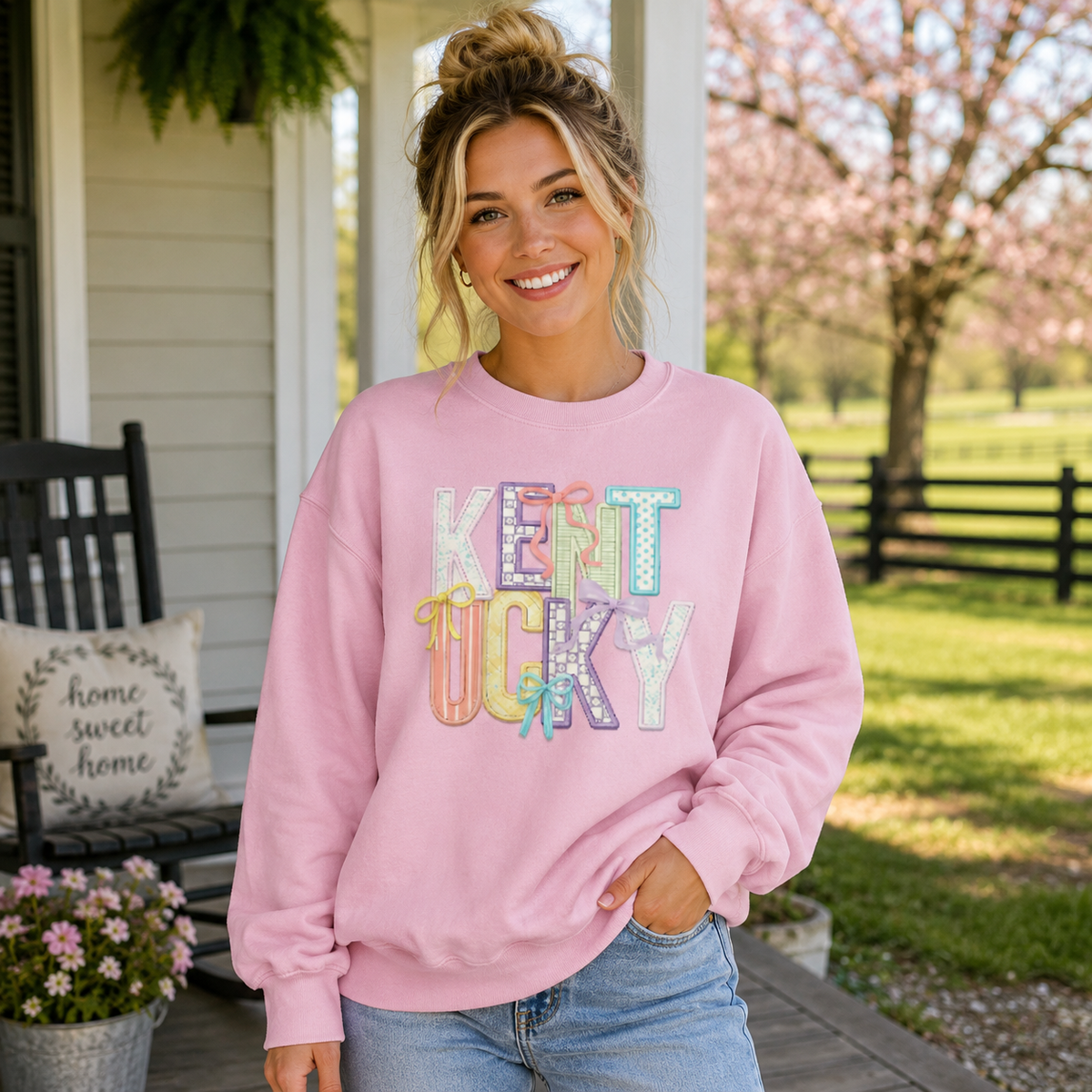 Kentucky Pastel Bow Sweatshirt | Patchwork Coquette Graphic Design - Bluegrass Elite Apparel LLC