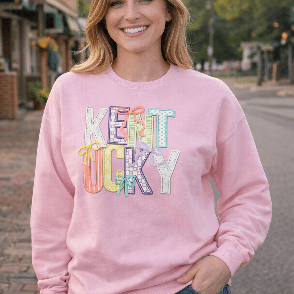 Kentucky Pastel Bow Sweatshirt | Patchwork Coquette Graphic Design - Bluegrass Elite Apparel LLC