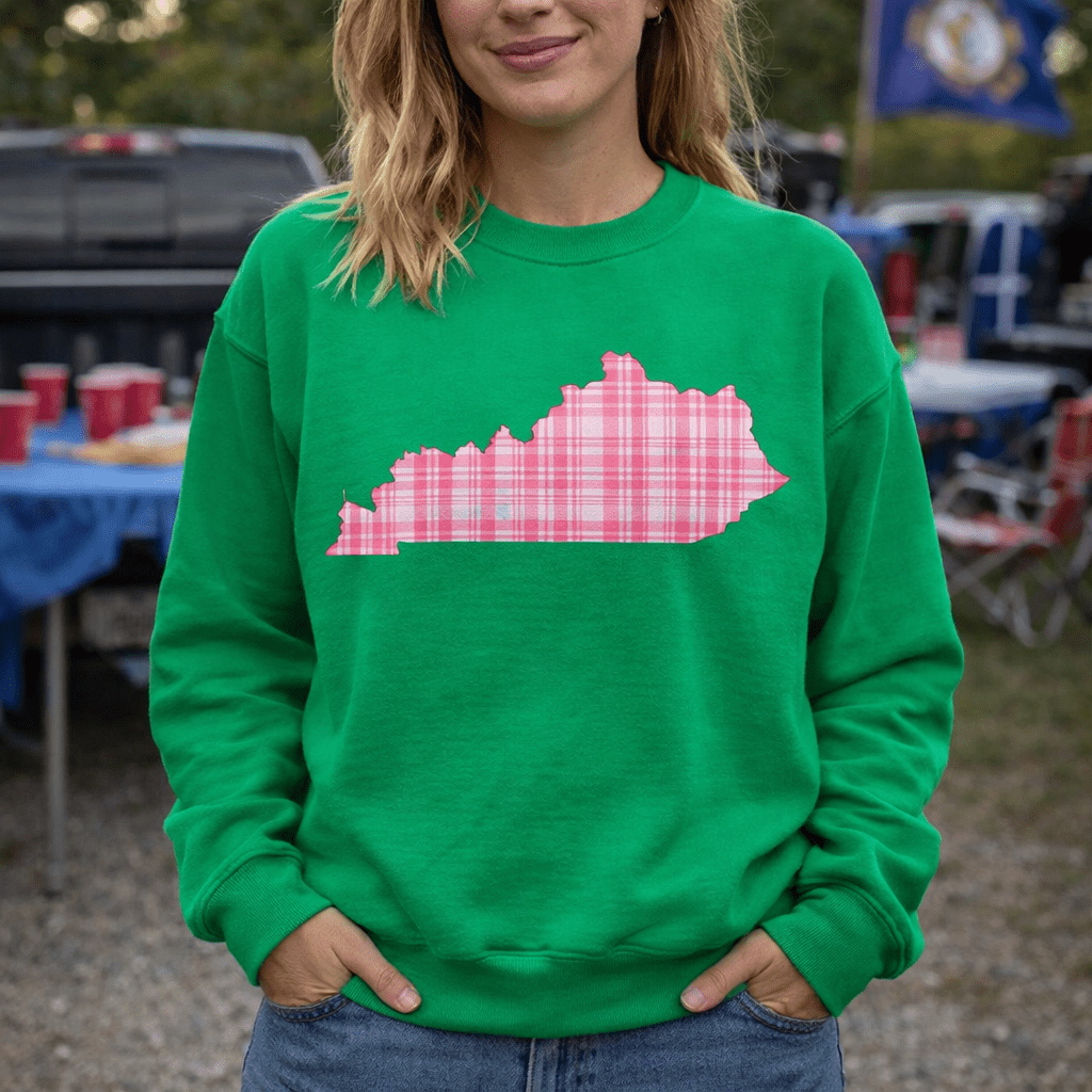 Kentucky Pink Plaid Sweatshirt | State Outline Graphic | Classic Fleece - Bluegrass Elite Apparel LLC