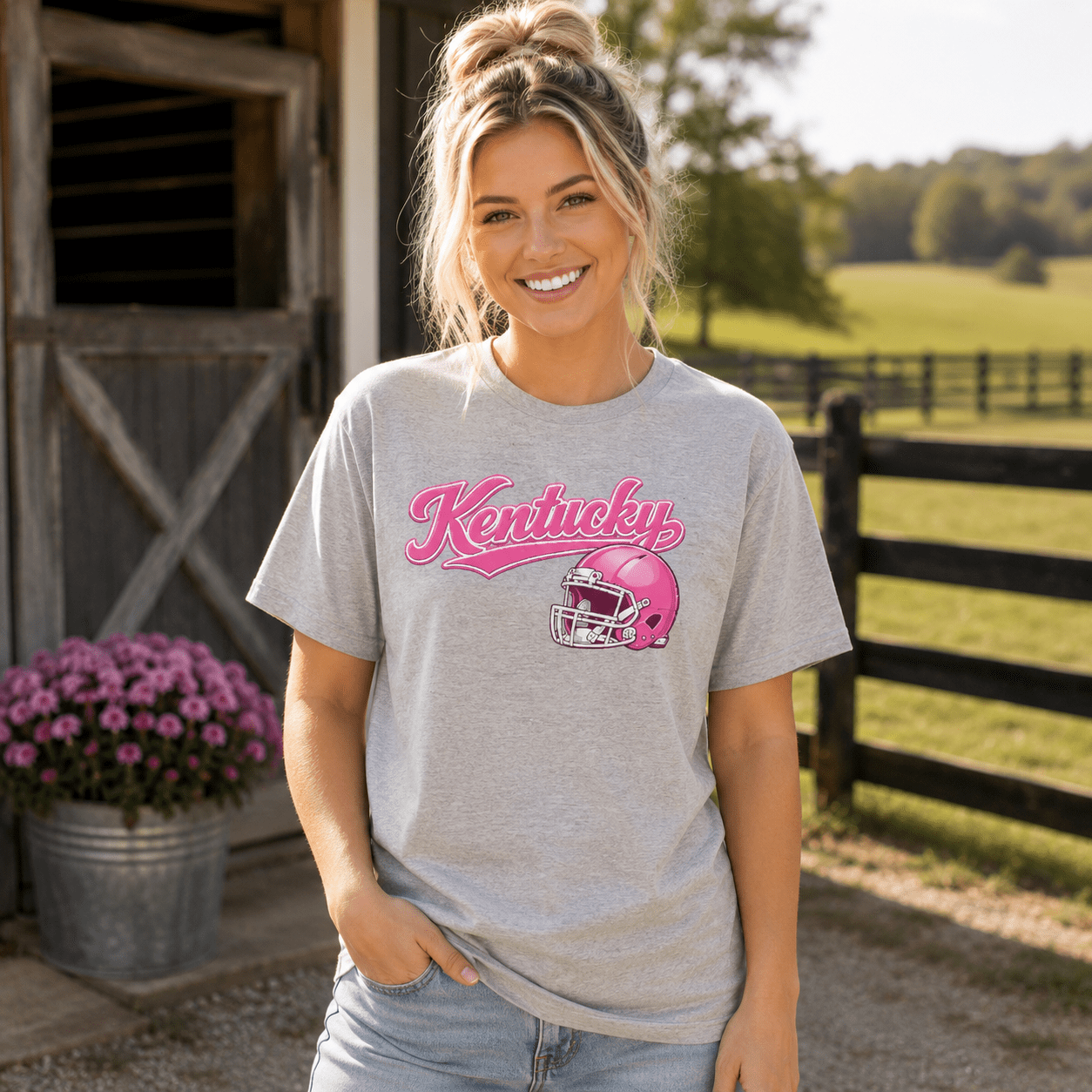 Kentucky Pink Script Helmet T-Shirt | Minimal Sports Design | Classic Airlume - Bluegrass Elite Apparel LLC