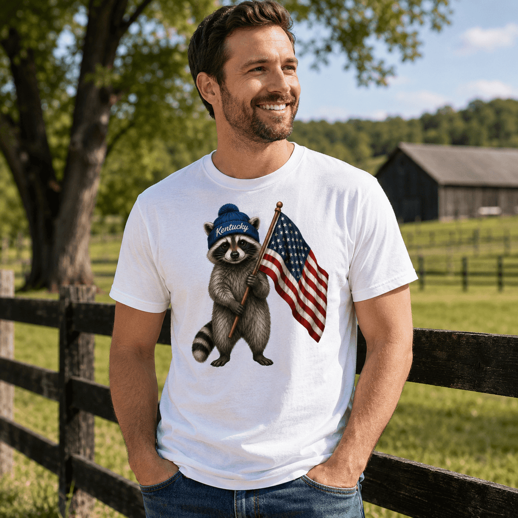 Kentucky Raccoon Flag Tee | Patriotic Beanie Design | Classic - Bluegrass Elite Apparel LLC
