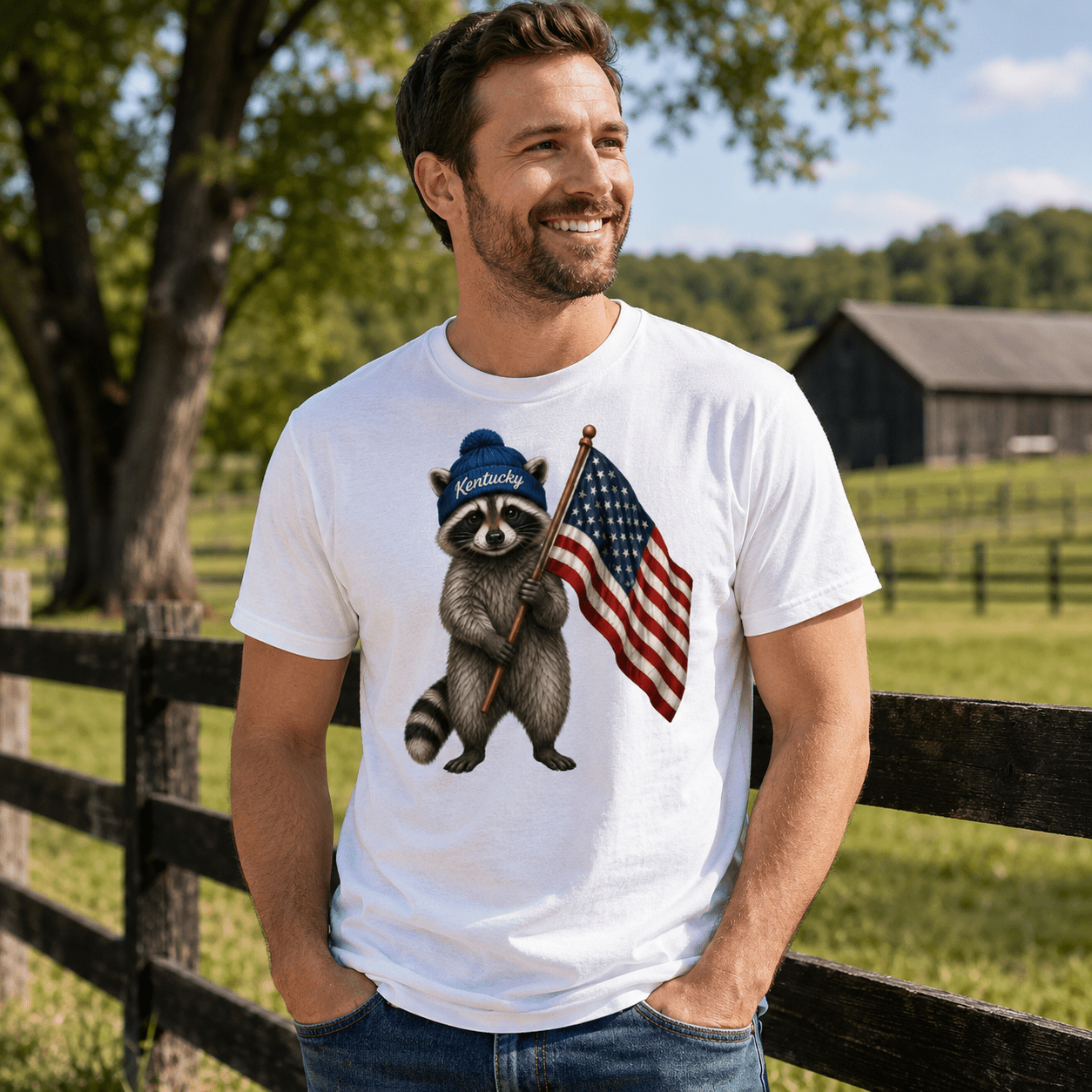 Kentucky Raccoon Flag Tee | Patriotic Beanie Design | Classic - Bluegrass Elite Apparel LLC