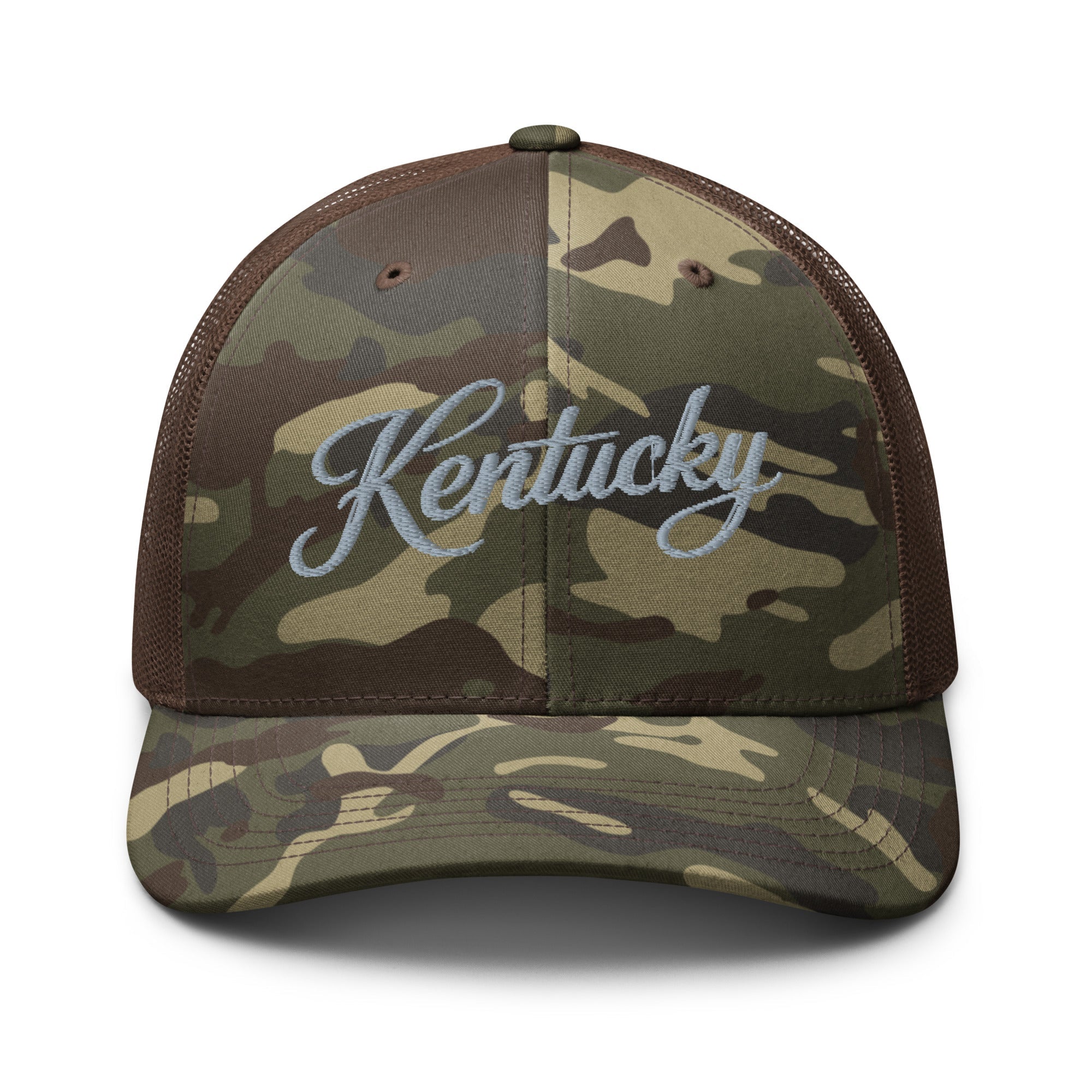 Kentucky Script Camo Trucker Hat | Classic Woodland Mesh Cap - Bluegrass Elite Apparel LLC