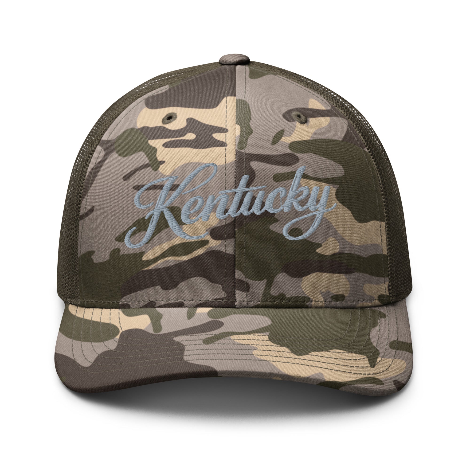 Kentucky Script Camo Trucker Hat | Classic Woodland Mesh Cap - Bluegrass Elite Apparel LLC
