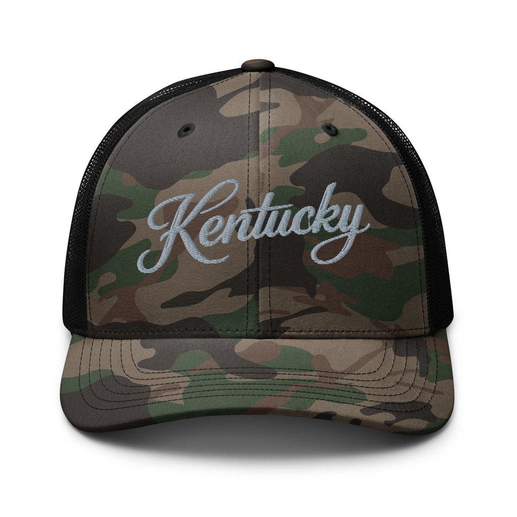Kentucky Script Camo Trucker Hat | Classic Woodland Mesh Cap - Bluegrass Elite Apparel LLC