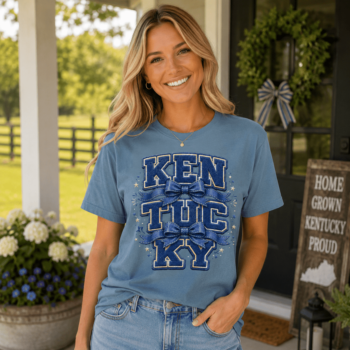 Kentucky Varsity Bow Tee | Vintage Letter Patch Design | Classic - Bluegrass Elite Apparel LLC