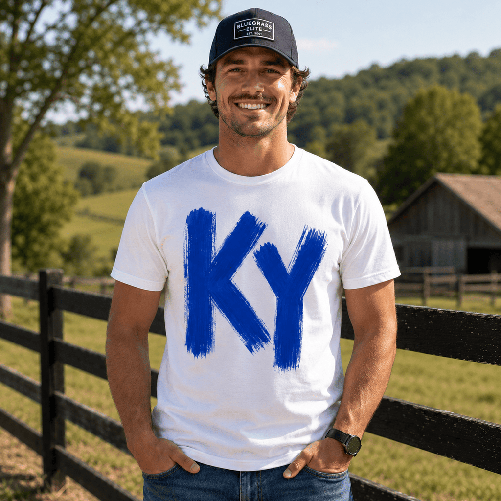 KY Brush Script Tee | Kentucky Blue Paint Design | Classic - Bluegrass Elite Apparel LLC