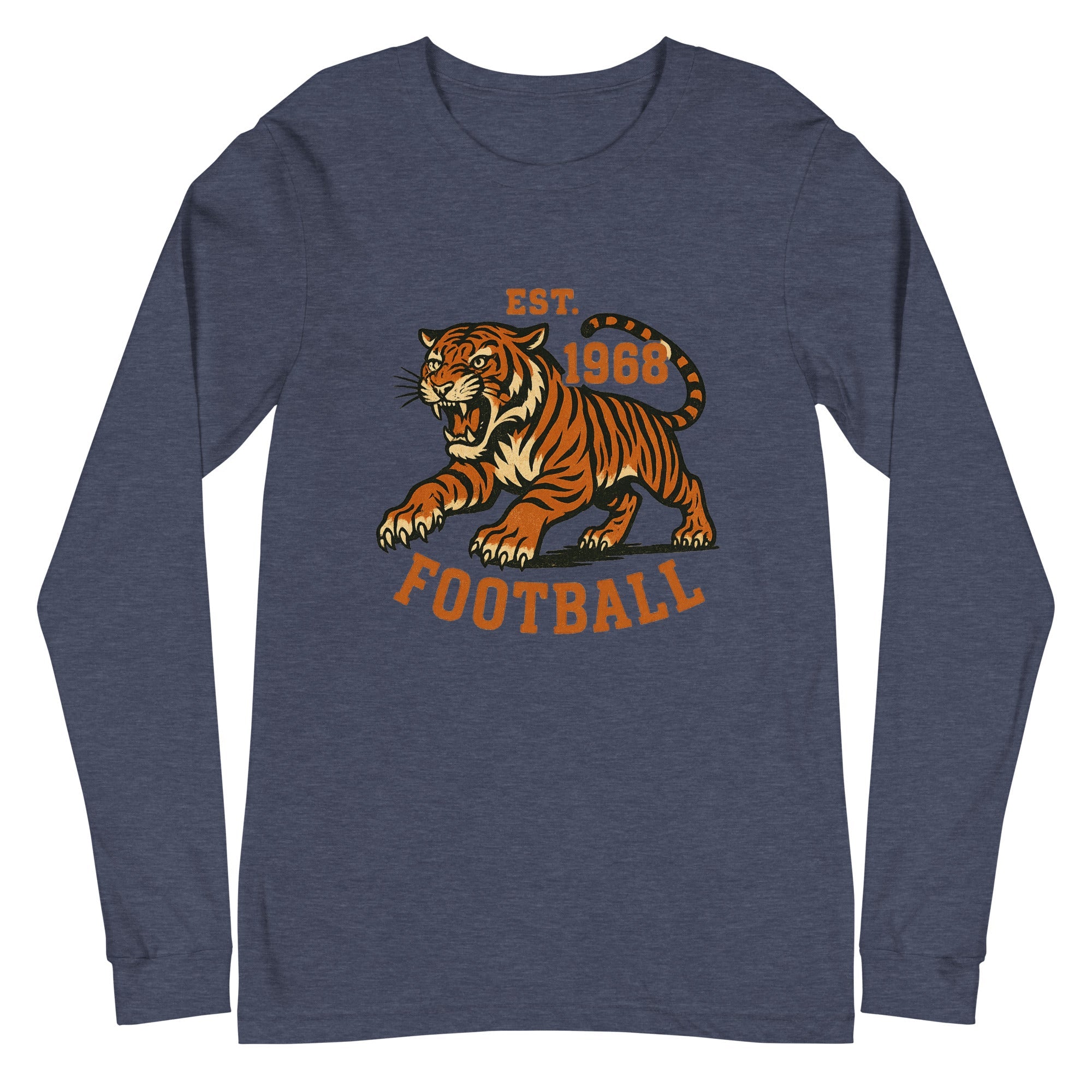 Retro Tiger Football Long Sleeve T-Shirt | Est. 1968 Vintage Style | Classic Airlume Cotton - Bluegrass Elite Apparel LLC