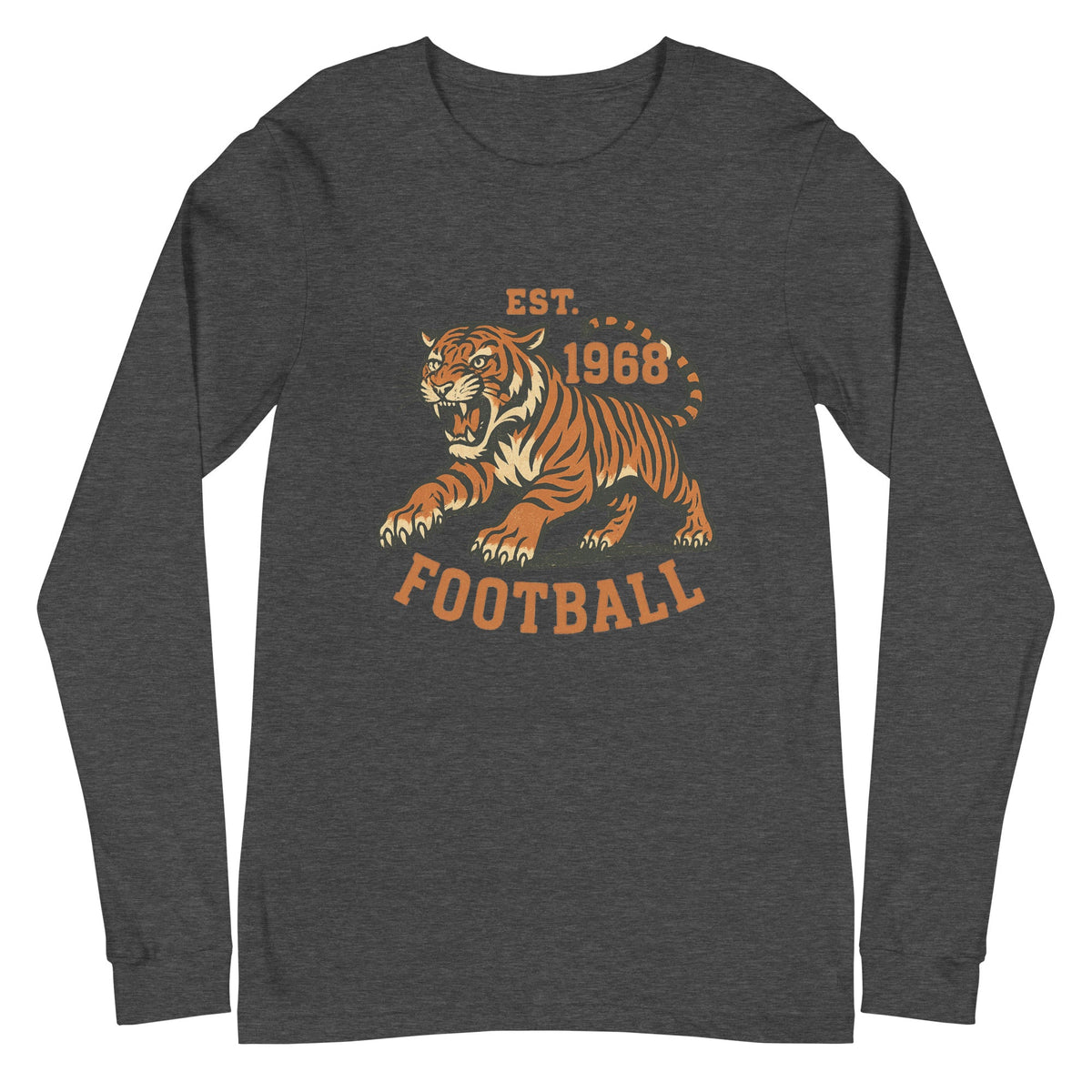 Retro Tiger Football Long Sleeve T-Shirt | Est. 1968 Vintage Style | Classic Airlume Cotton - Bluegrass Elite Apparel LLC