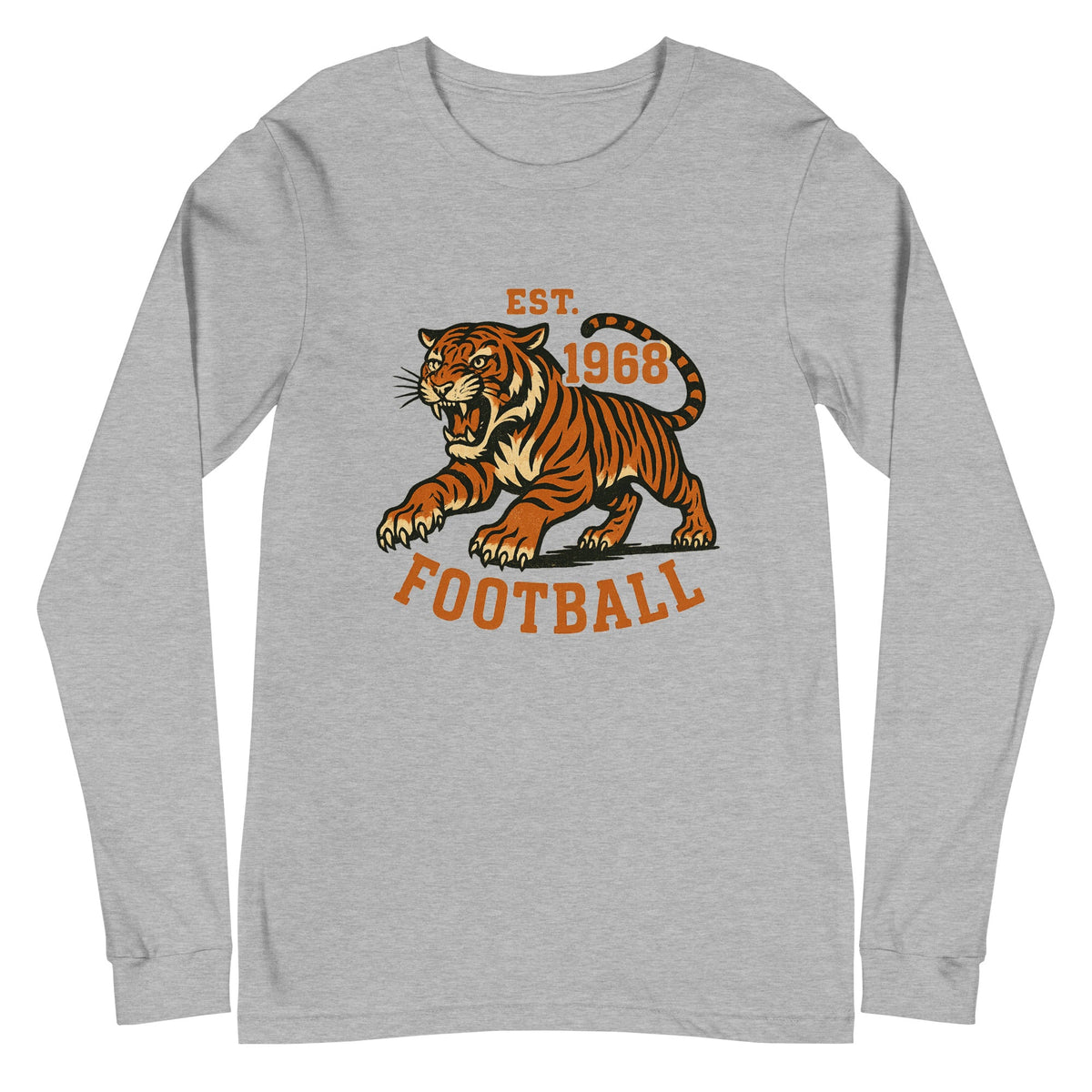 Retro Tiger Football Long Sleeve T-Shirt | Est. 1968 Vintage Style | Classic Airlume Cotton - Bluegrass Elite Apparel LLC