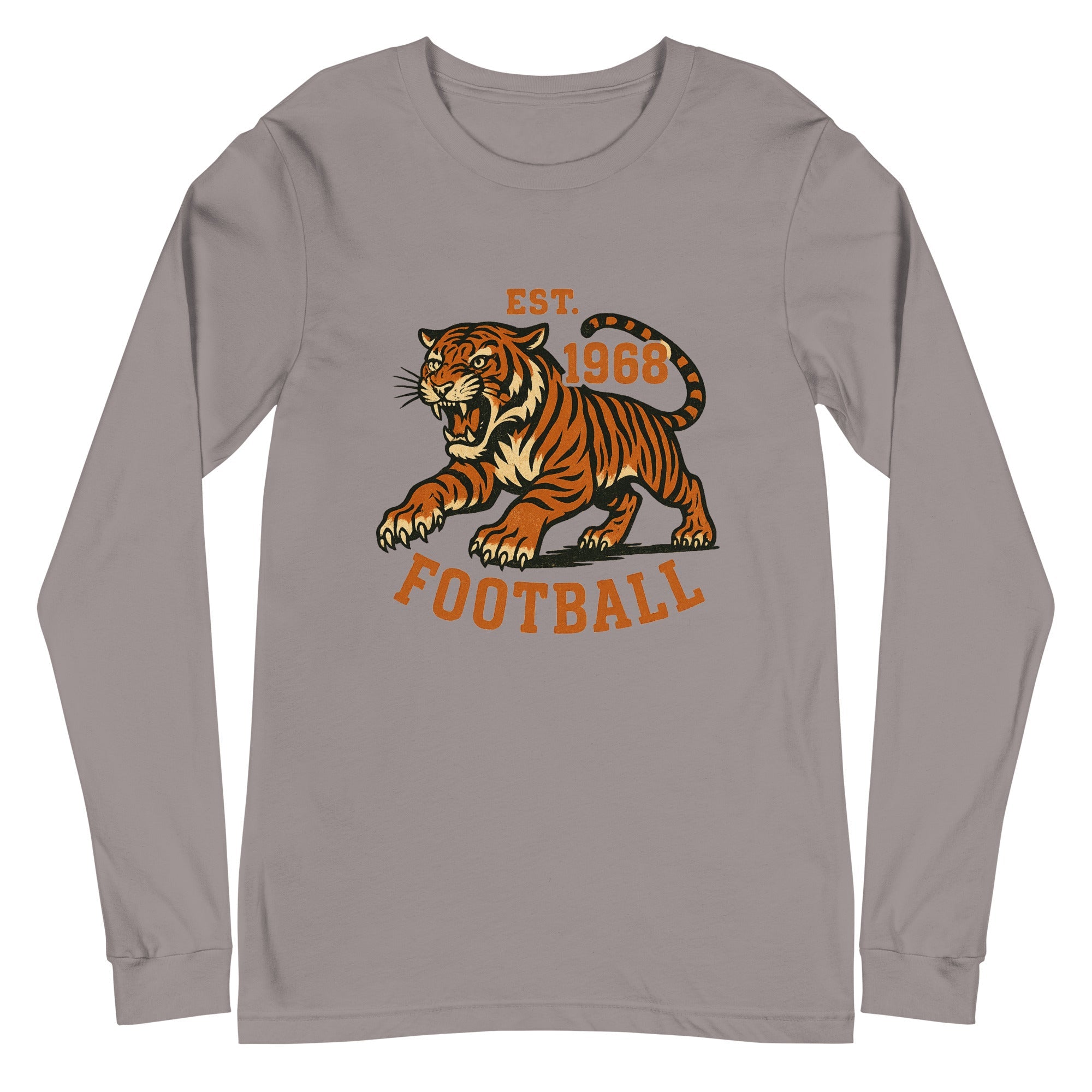 Retro Tiger Football Long Sleeve T-Shirt | Est. 1968 Vintage Style | Classic Airlume Cotton - Bluegrass Elite Apparel LLC