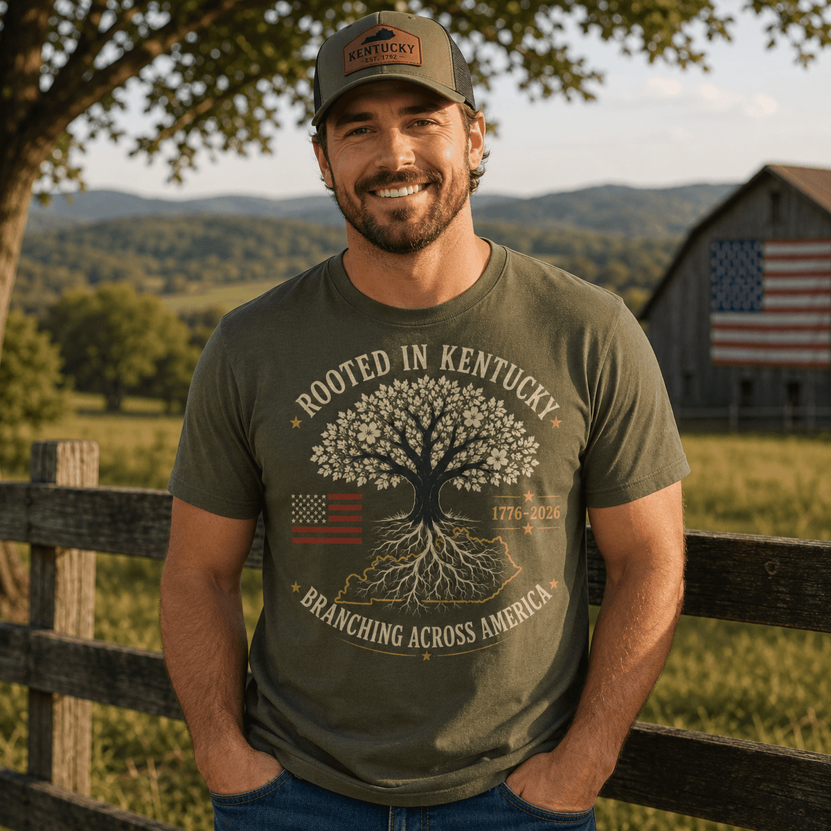 Rooted in Kentucky Branching Across America T-Shirt | Heritage Tree Design | Classic - Bluegrass Elite Apparel LLC
