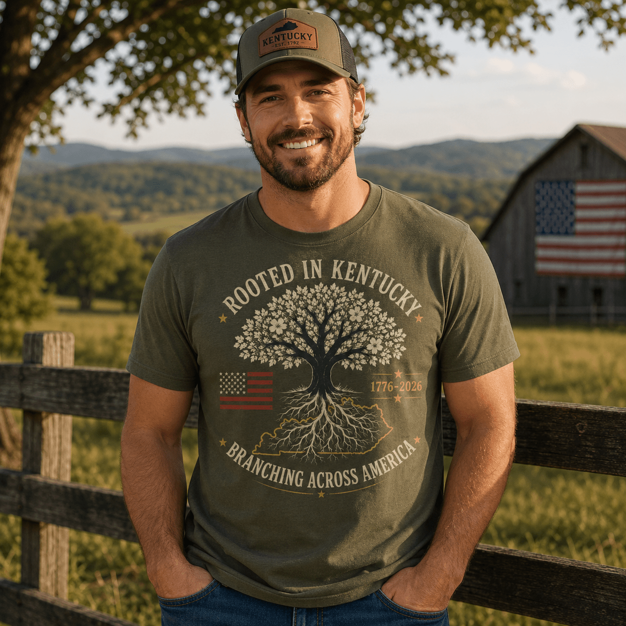 Rooted in Kentucky Branching Across America T-Shirt | Heritage Tree Design | Classic - Bluegrass Elite Apparel LLC