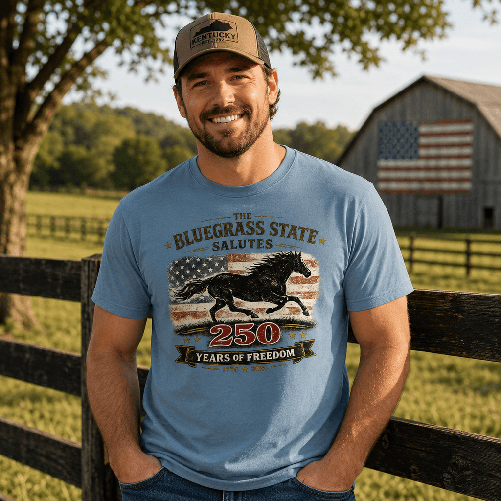 The Bluegrass State Salutes 250 Years of Freedom T-Shirt | Running Horse Heritage Design | Classic - Bluegrass Elite Apparel LLC