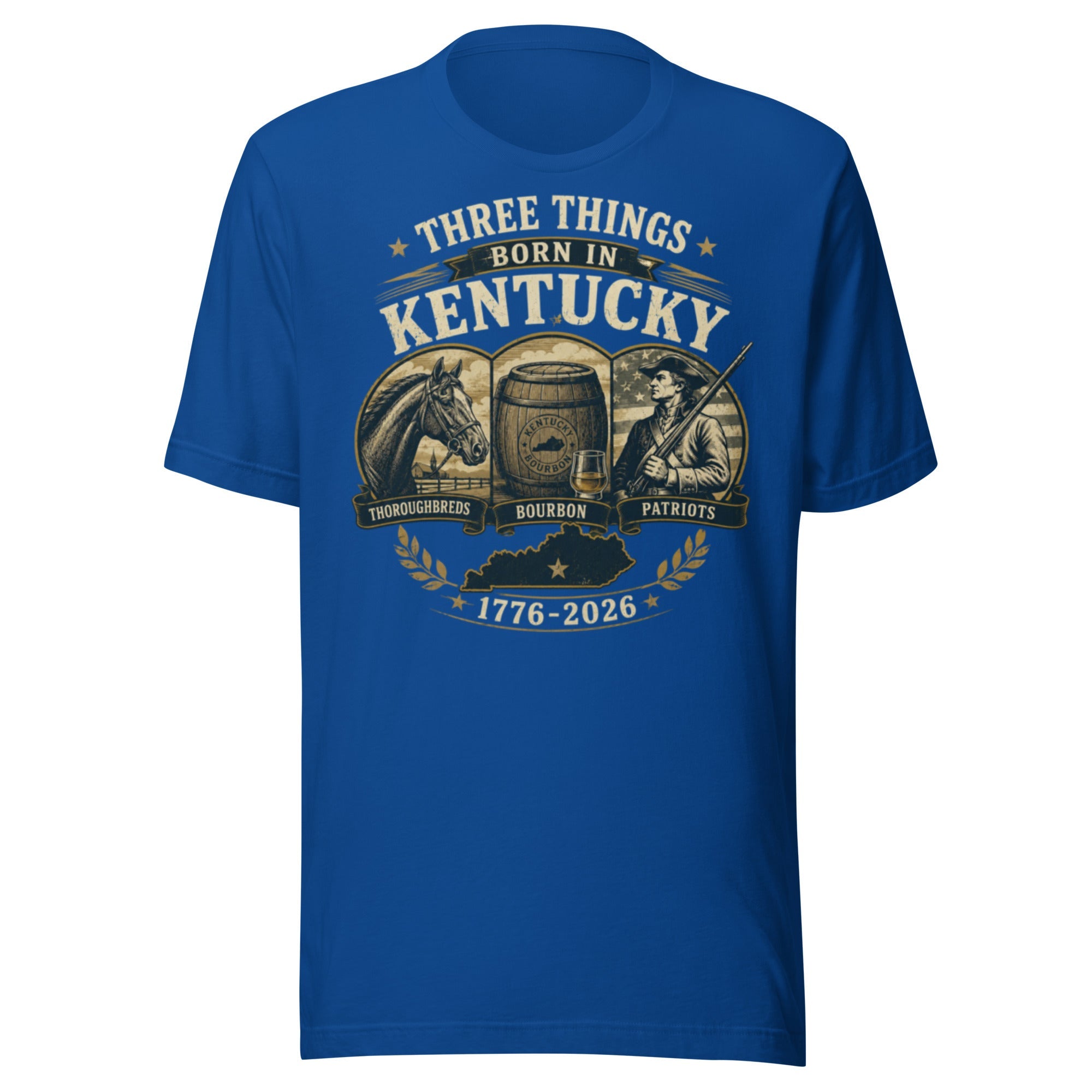 Three Things Born in Kentucky Heritage T-Shirt | Thoroughbreds Bourbon Patriots Design | Classic - Bluegrass Elite Apparel LLC