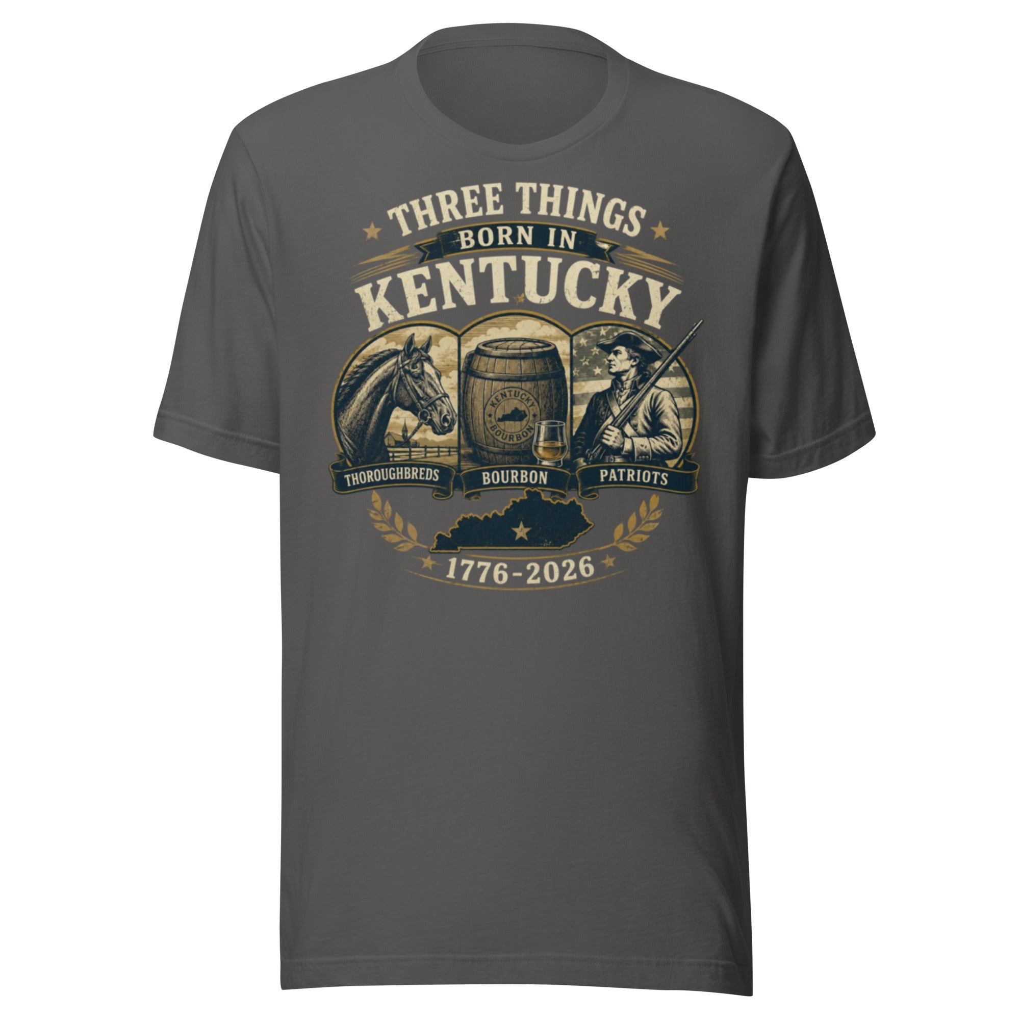Three Things Born in Kentucky Heritage T-Shirt | Thoroughbreds Bourbon Patriots Design | Classic - Bluegrass Elite Apparel LLC