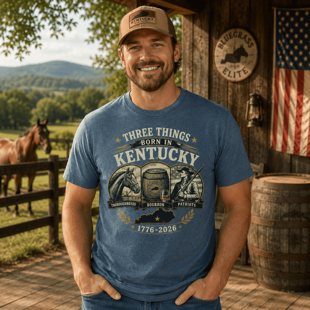 Three Things Born in Kentucky Heritage T-Shirt | Thoroughbreds Bourbon Patriots Design | Classic - Bluegrass Elite Apparel LLC