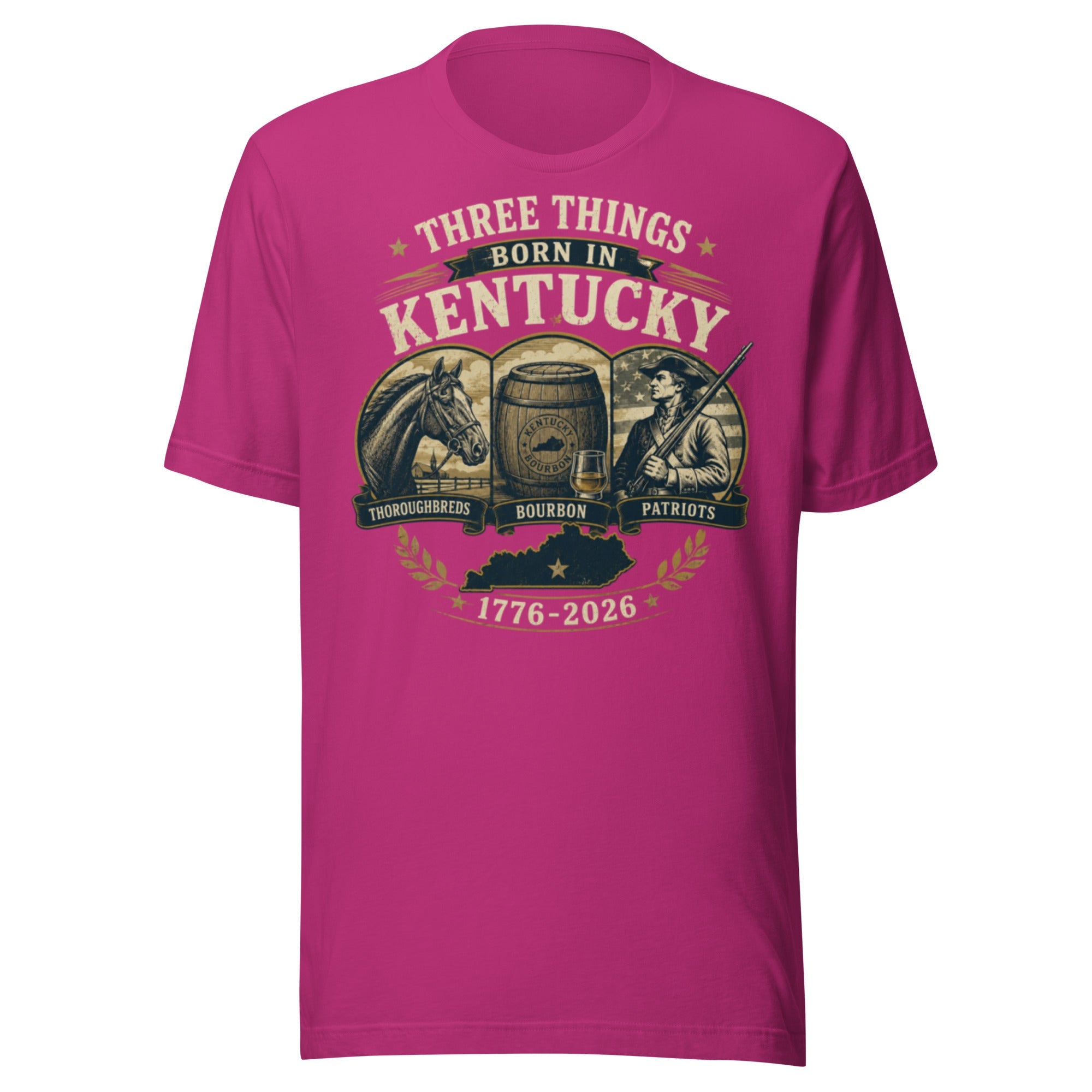 Three Things Born in Kentucky Heritage T-Shirt | Thoroughbreds Bourbon Patriots Design | Classic - Bluegrass Elite Apparel LLC