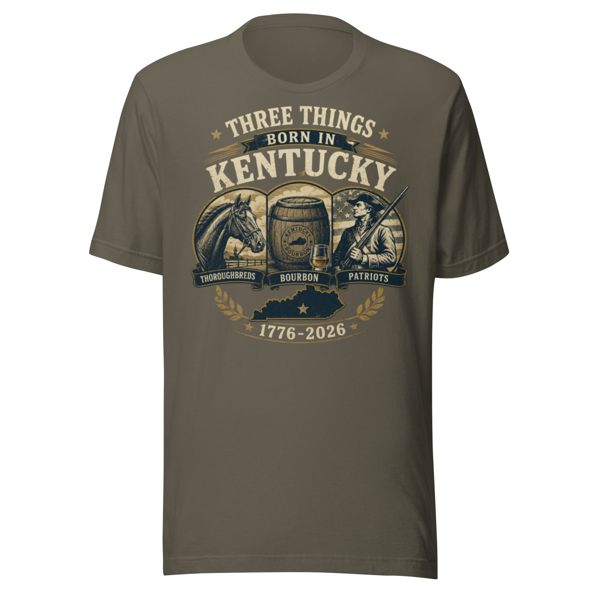 Three Things Born in Kentucky Heritage T-Shirt | Thoroughbreds Bourbon Patriots Design | Classic - Bluegrass Elite Apparel LLC