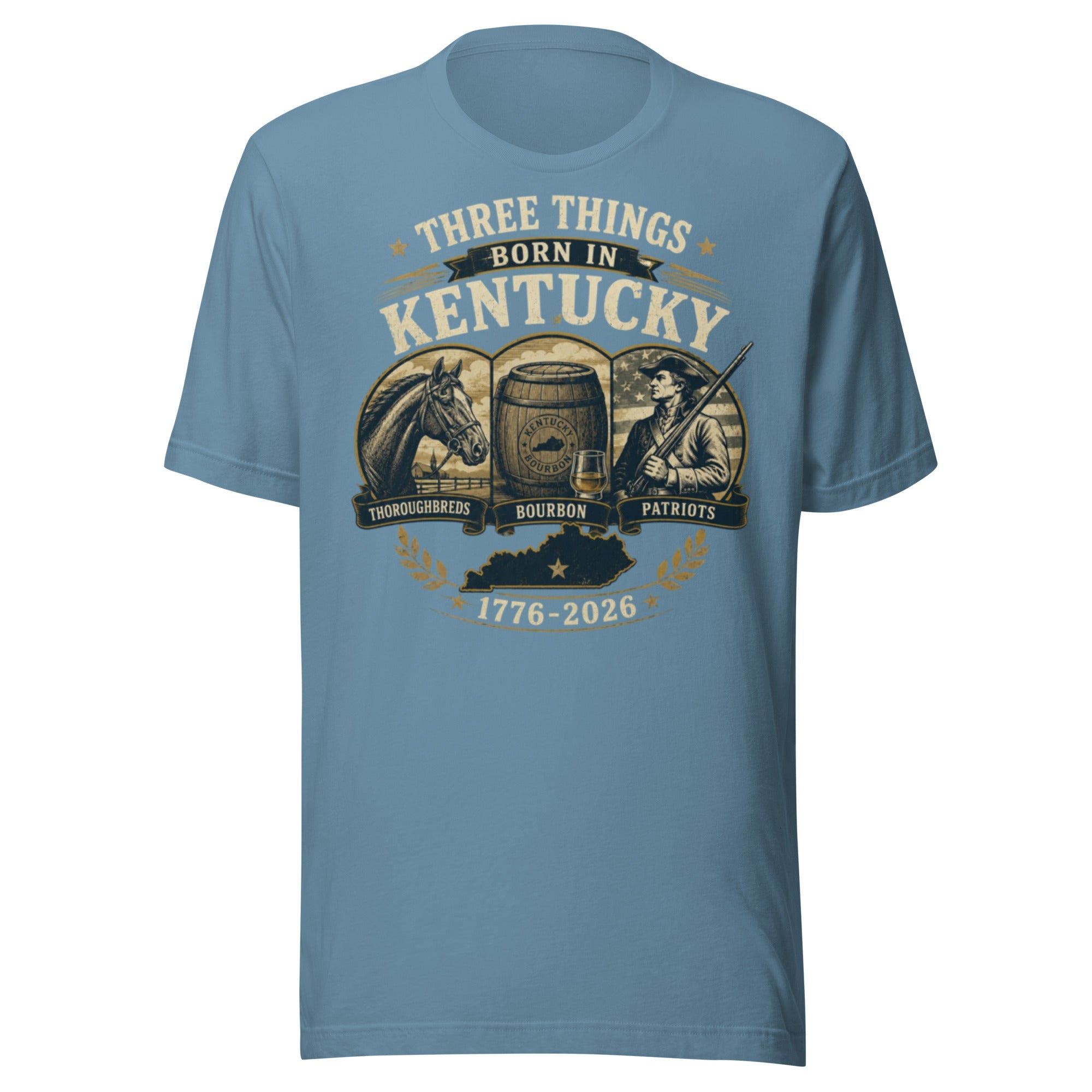 Three Things Born in Kentucky Heritage T-Shirt | Thoroughbreds Bourbon Patriots Design | Classic - Bluegrass Elite Apparel LLC