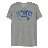 Front view of a athletic gray T-shirt with blue outlined Kentucky block lettering above a football outline.