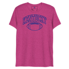 Front view of a berry pink T-shirt with blue outlined Kentucky block lettering above a football outline.