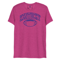 Front view of a berry pink T-shirt with blue outlined Kentucky block lettering above a football outline.