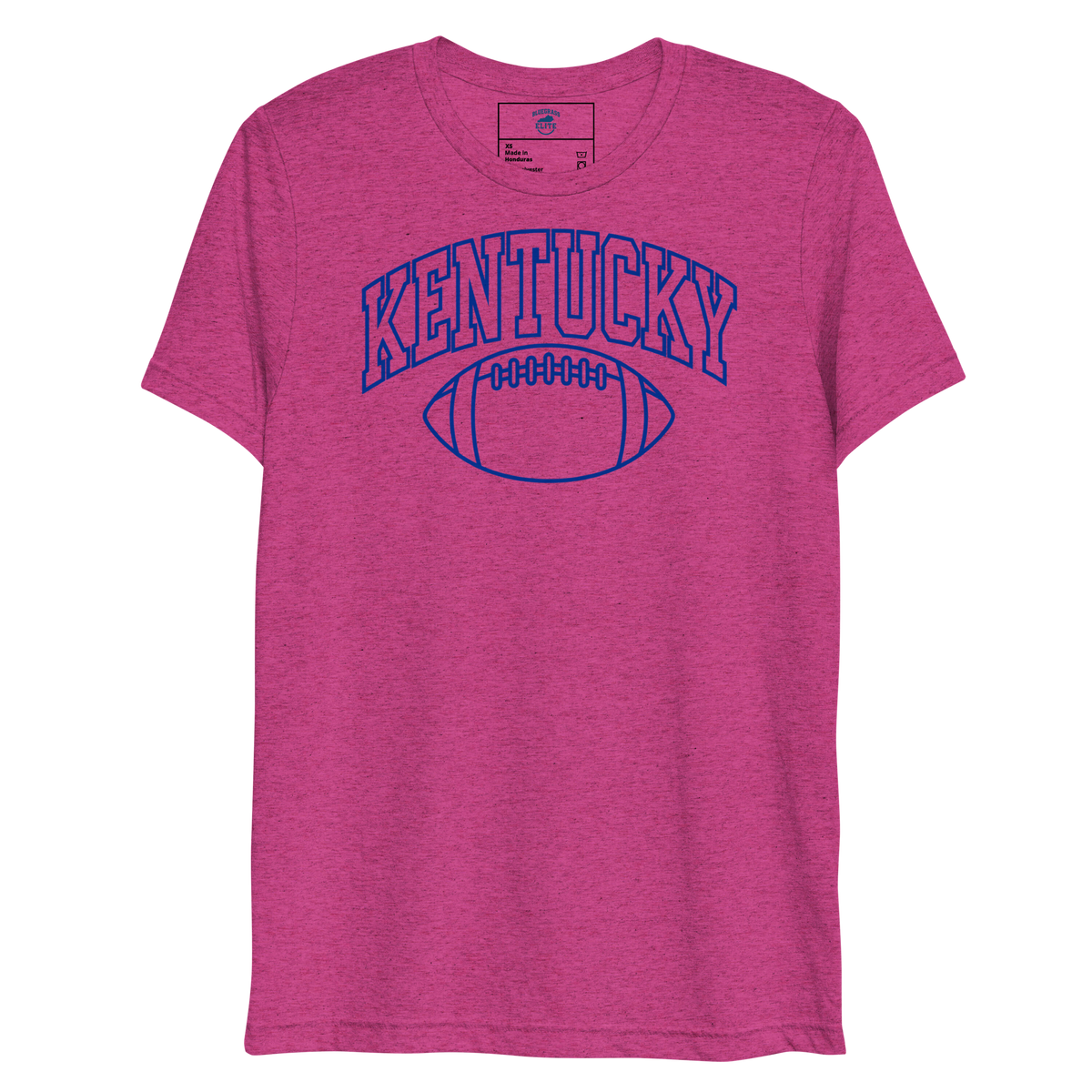 Front view of a berry pink T-shirt with blue outlined Kentucky block lettering above a football outline.