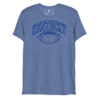 Front view of a heather blue T-shirt with blue outlined Kentucky block lettering above a football outline.