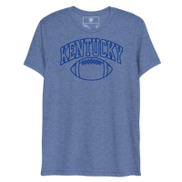 Front view of a heather blue T-shirt with blue outlined Kentucky block lettering above a football outline.