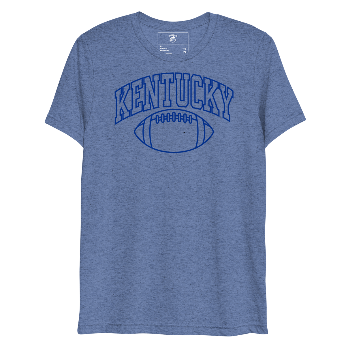 Front view of a heather blue T-shirt with blue outlined Kentucky block lettering above a football outline.