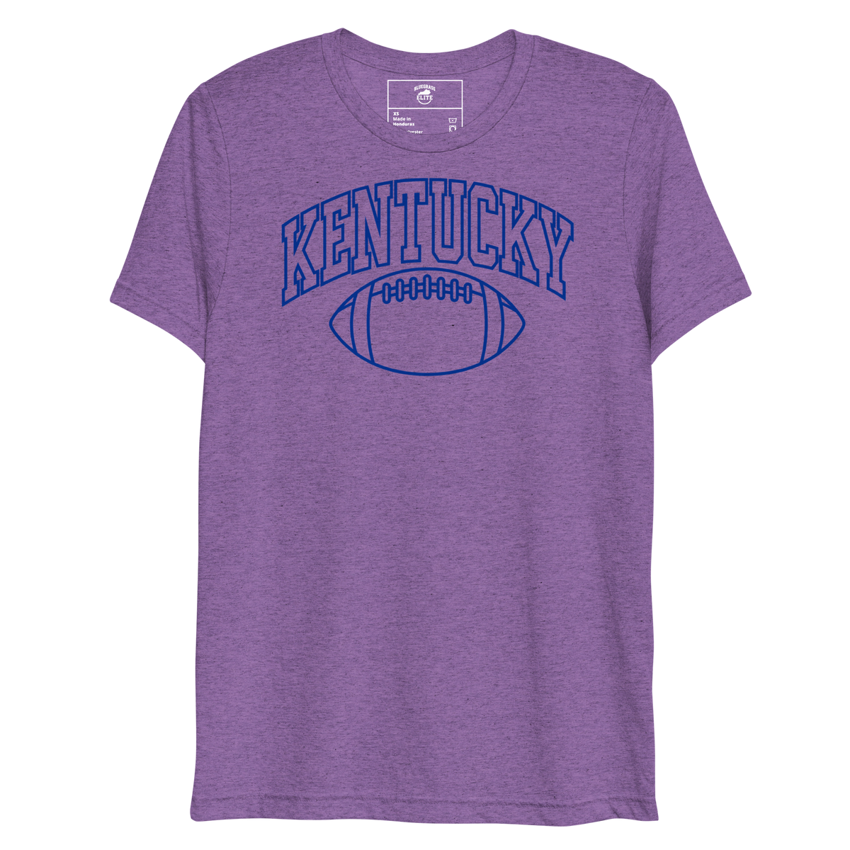 Front view of a heather purple T-shirt with blue outlined Kentucky block lettering above a football outline.