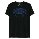 Front view of a black T-shirt with blue outlined Kentucky block lettering above a football outline.
