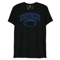 Front view of a black T-shirt with blue outlined Kentucky block lettering above a football outline.