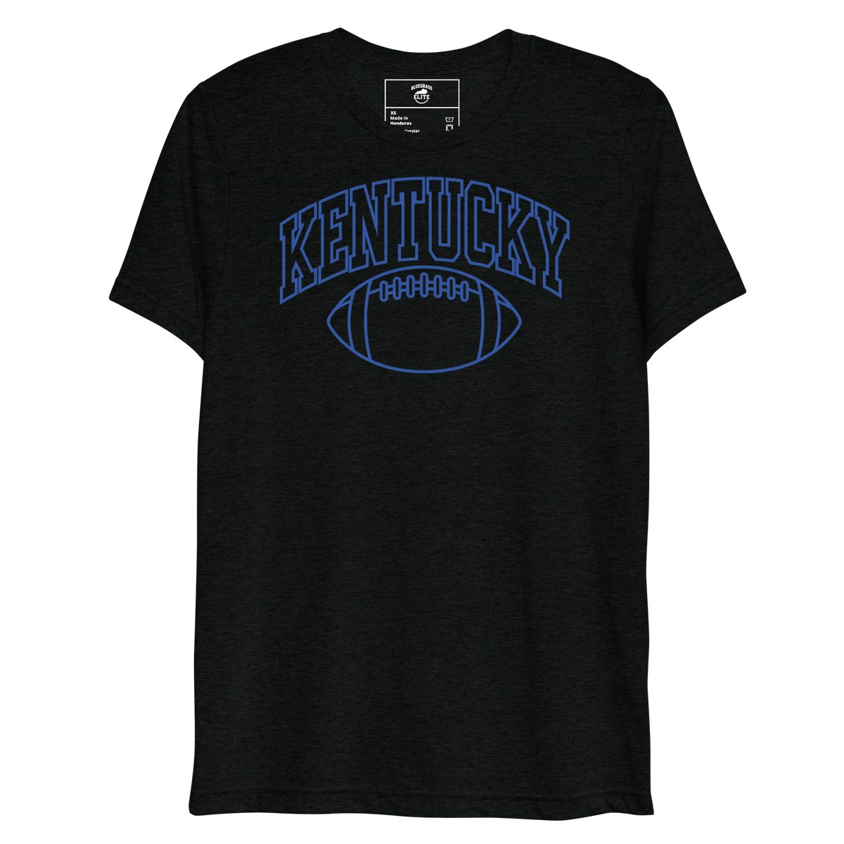 Front view of a black T-shirt with blue outlined Kentucky block lettering above a football outline.