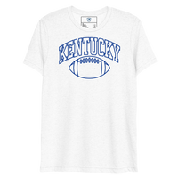 Front view of a white T-shirt with blue outlined Kentucky block lettering above a football outline.