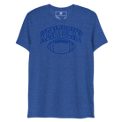 Front view of a heather royal blue T-shirt with blue outlined Kentucky block lettering above a football outline.