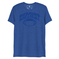 Front view of a heather royal blue T-shirt with blue outlined Kentucky block lettering above a football outline.