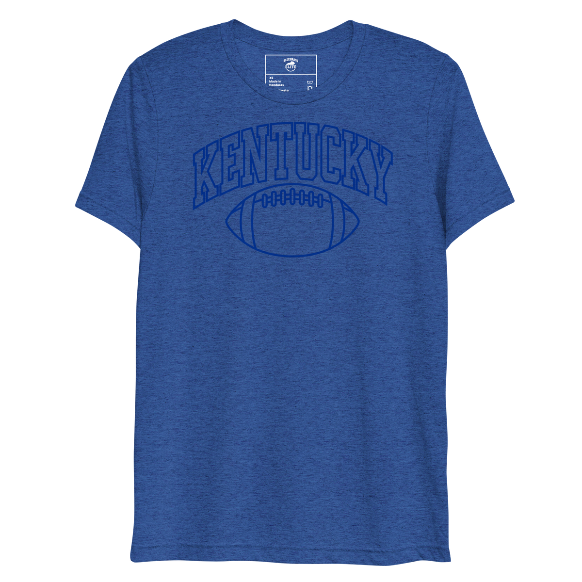 Front view of a heather royal blue T-shirt with blue outlined Kentucky block lettering above a football outline.